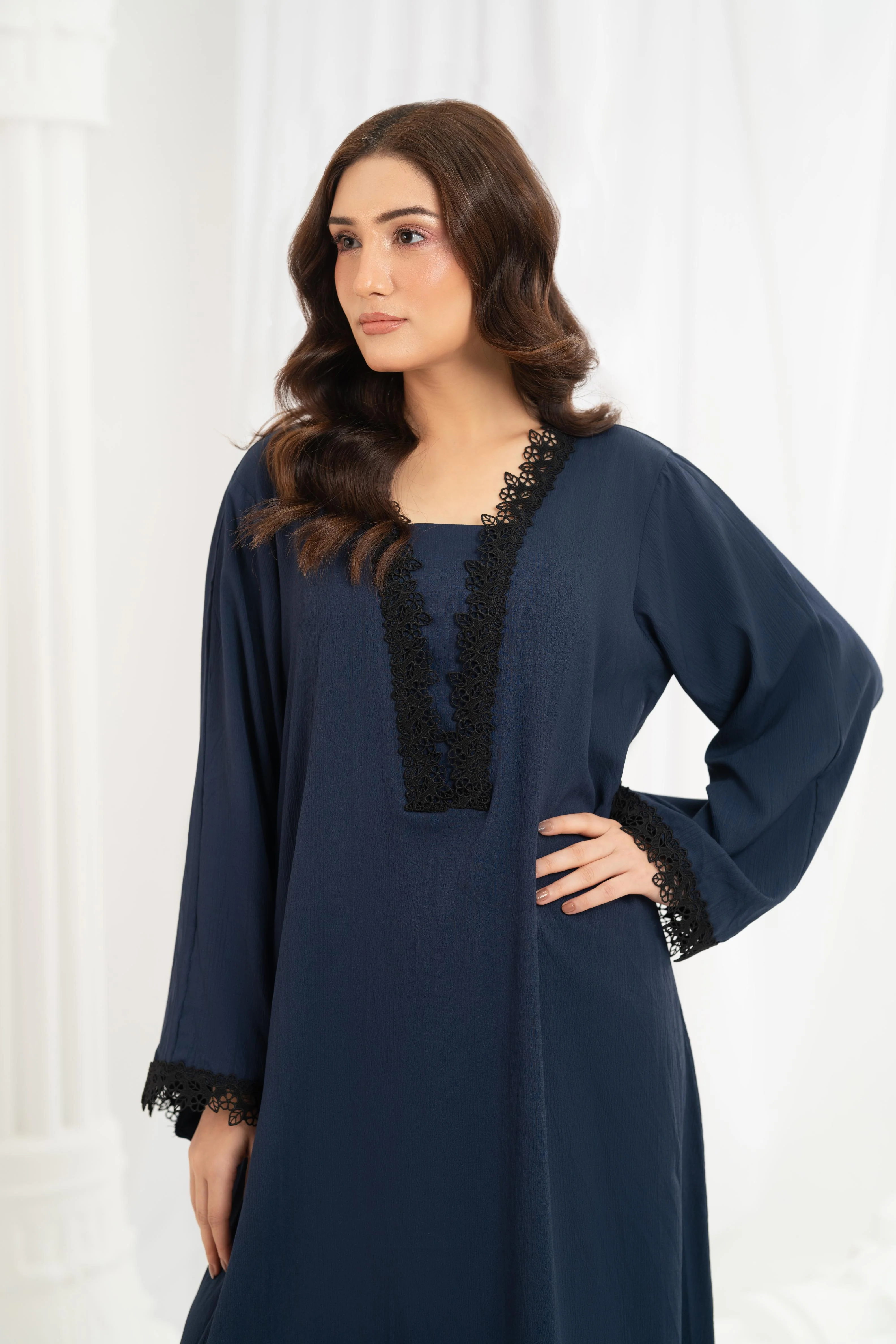 Navy Lace Trim Kaftan - Image 2