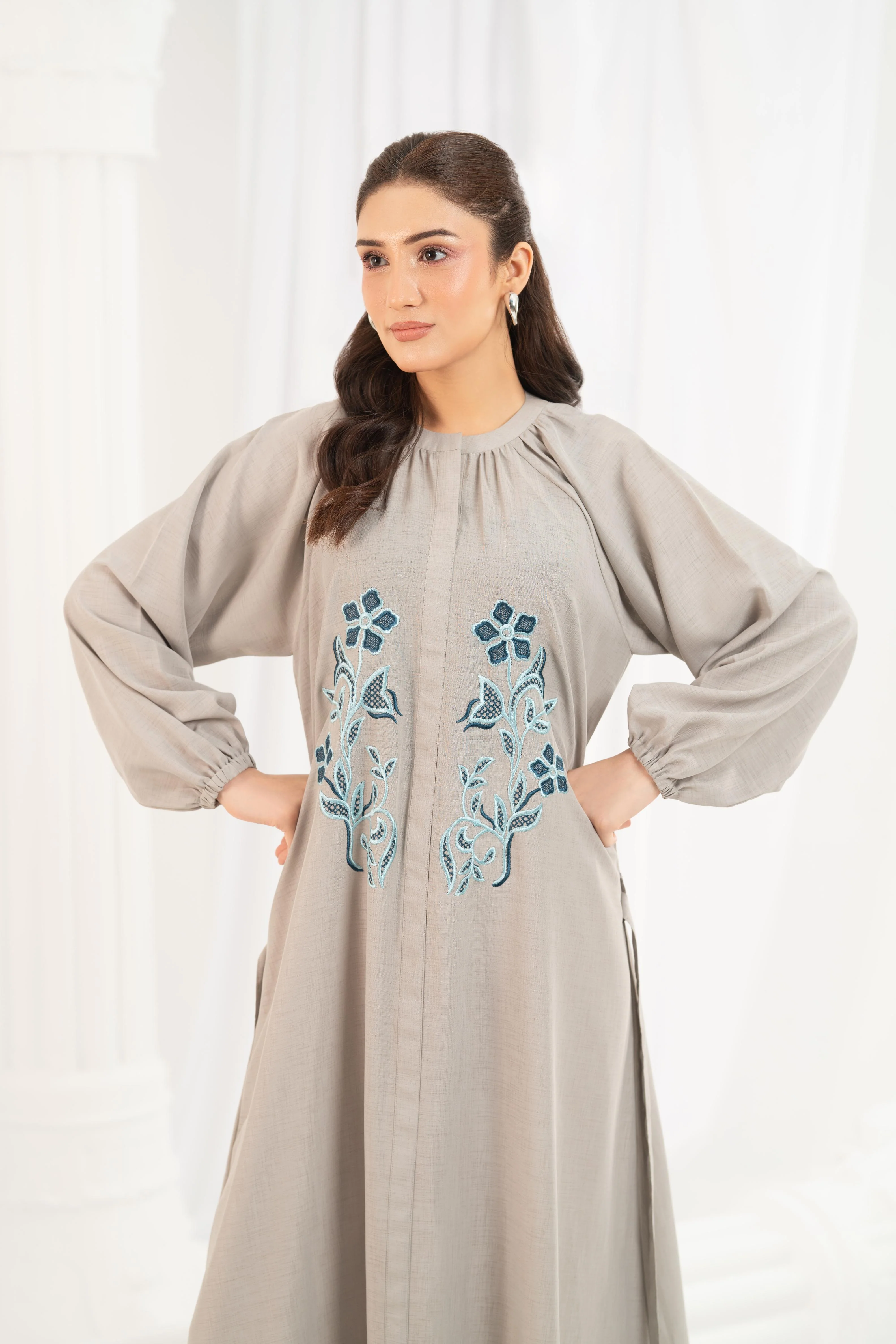 Grey Blue Embroidered Dress - Image 2