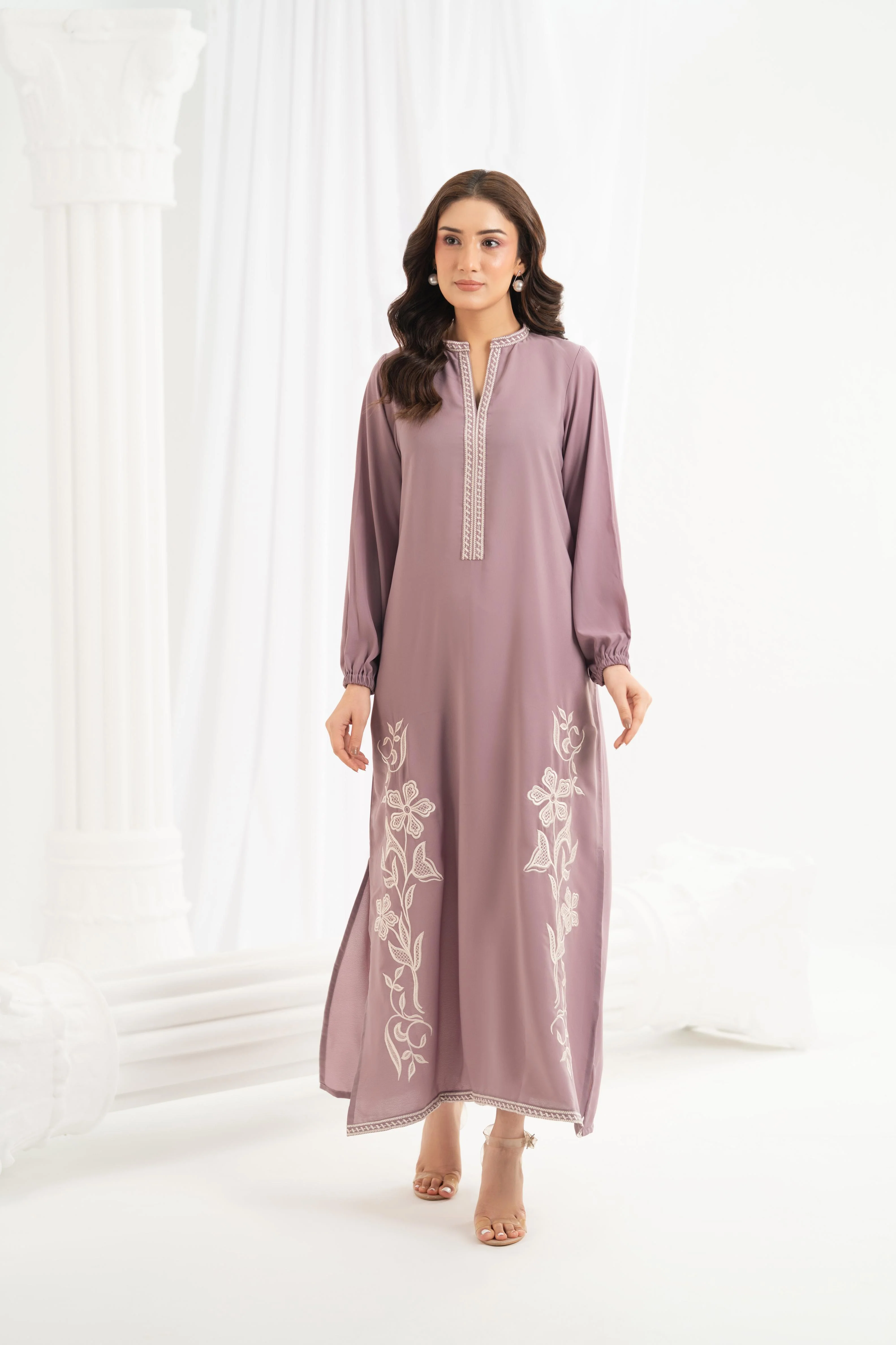 Mauve Floral Embroidered Dress - Image 5